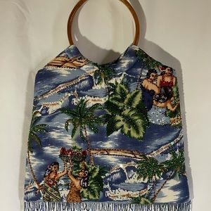 Tropical beaded tote bag / purse with wooden ring handles NWOT